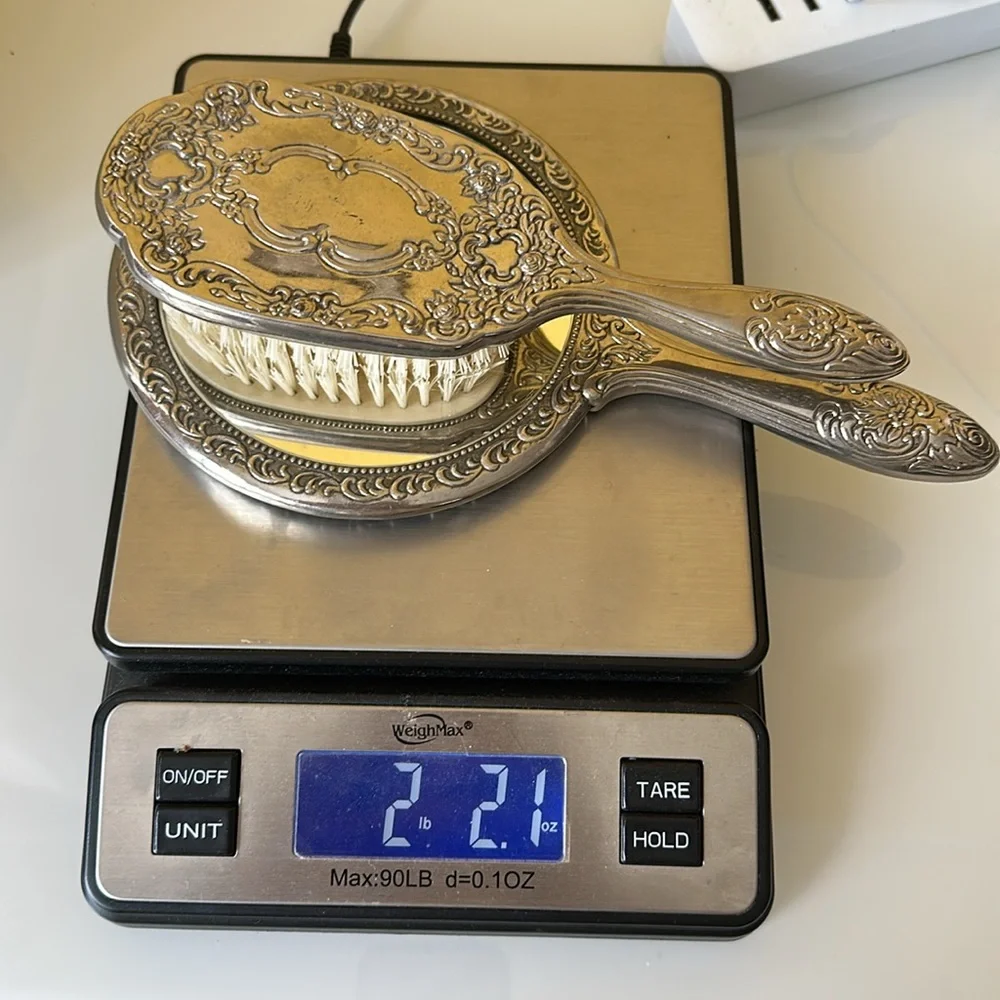 Vanity Hand Held Mirror and Brush Set Ornate Victorian Silverplate